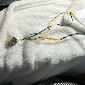 Necklace and earrings set, Chicos, NOC pierced ears, ribbon, brass, silvertone